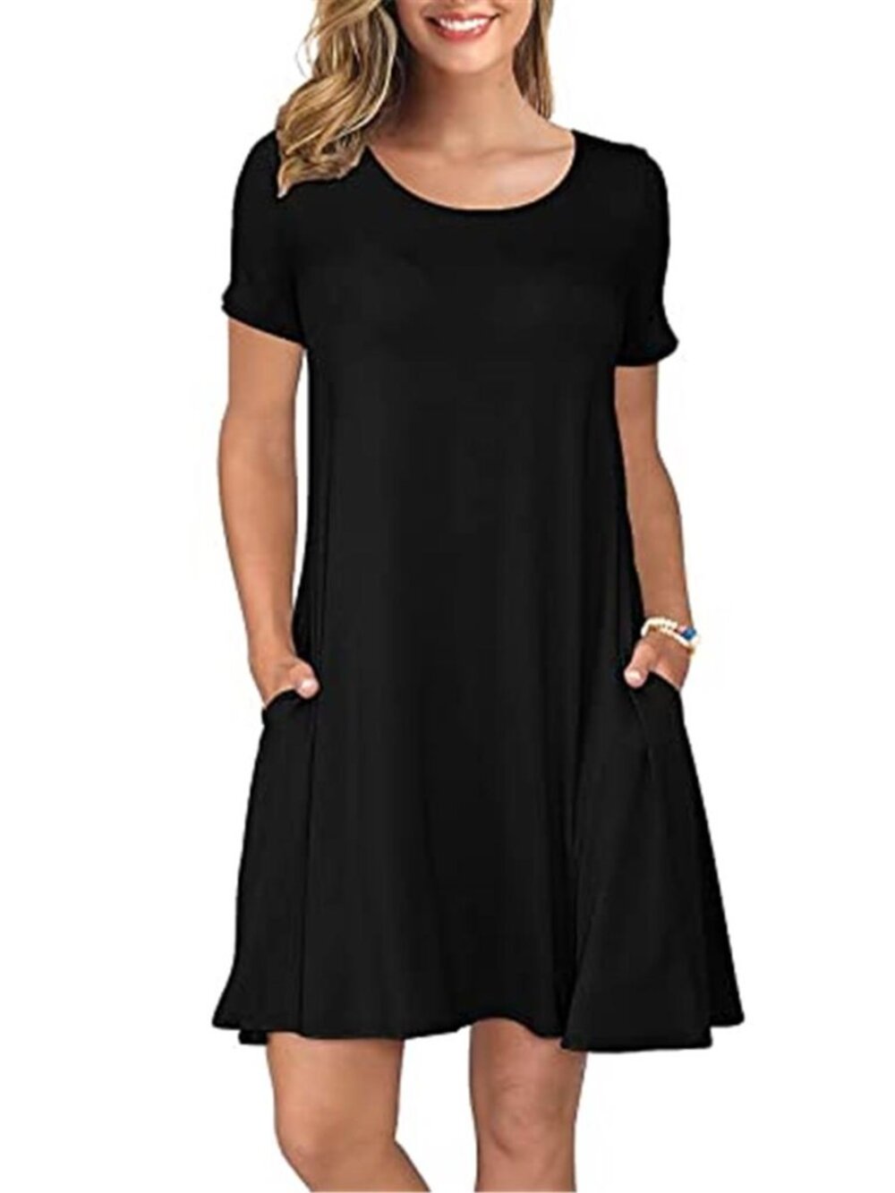 Womens Summer Swing Dress Short Sleeve Crew Neck Loose Casual Sundress Pockets